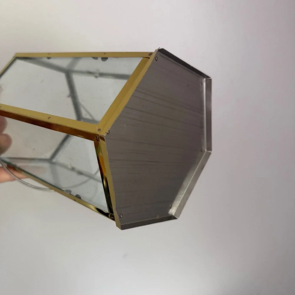 Gold Hexagon Glass Lantern Candle Holder Hanging Decorative Centerpiece 8.5in